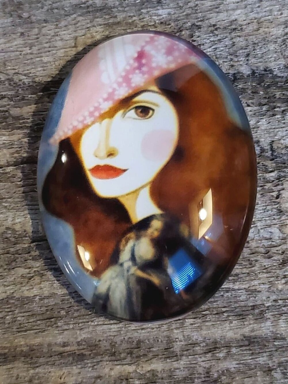 Artsy Fantasy Woman Pink Hat 40x30mm Oval Glass Cabochon